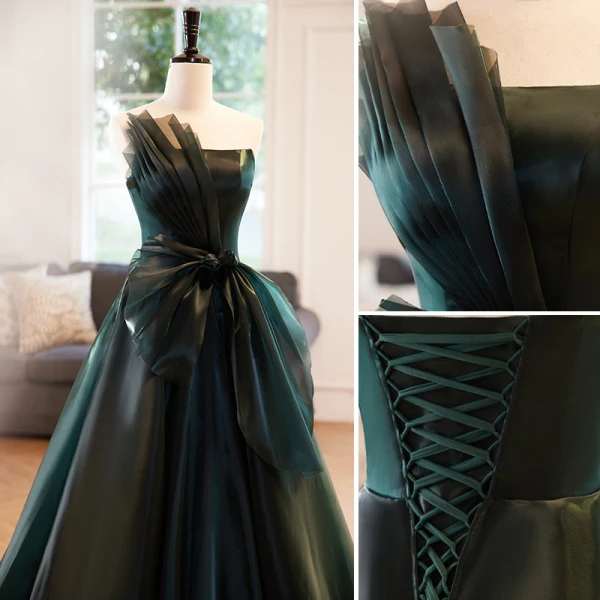 Fashion Dark Green Bow Prom Dresses 2023 A-Line / Princess Strapless Sleeveless Backless Floor-Length / Long Prom Formal Dresses