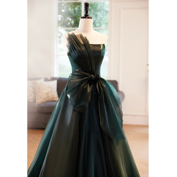 Fashion Dark Green Bow Prom Dresses 2023 A-Line / Princess Strapless Sleeveless Backless Floor-Length / Long Prom Formal Dresses