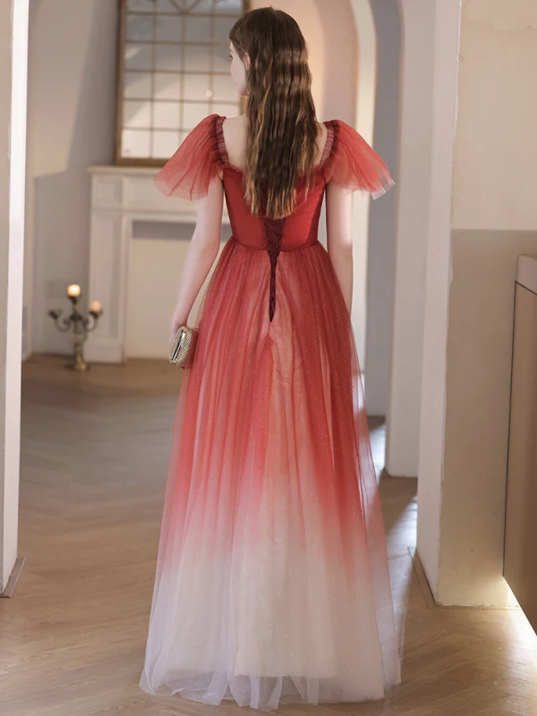 Chic / Belle Dégradé De Couleur Bordeaux Perlage Paillettes Robe De Bal 2023 Princesse Encolure Carrée Manches Courtes Dos Nu Longue Promo Robe De Ceremonie