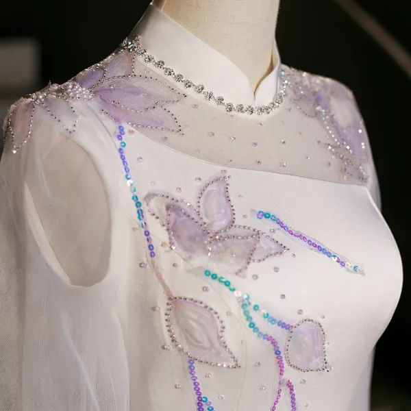 Vintage / Retro Ethnic White Beading Pearl Rhinestone Sequins Prom Dresses 2026 A-Line / Princess High Neck Long Sleeve Floor-Length / Long Formal Dresses