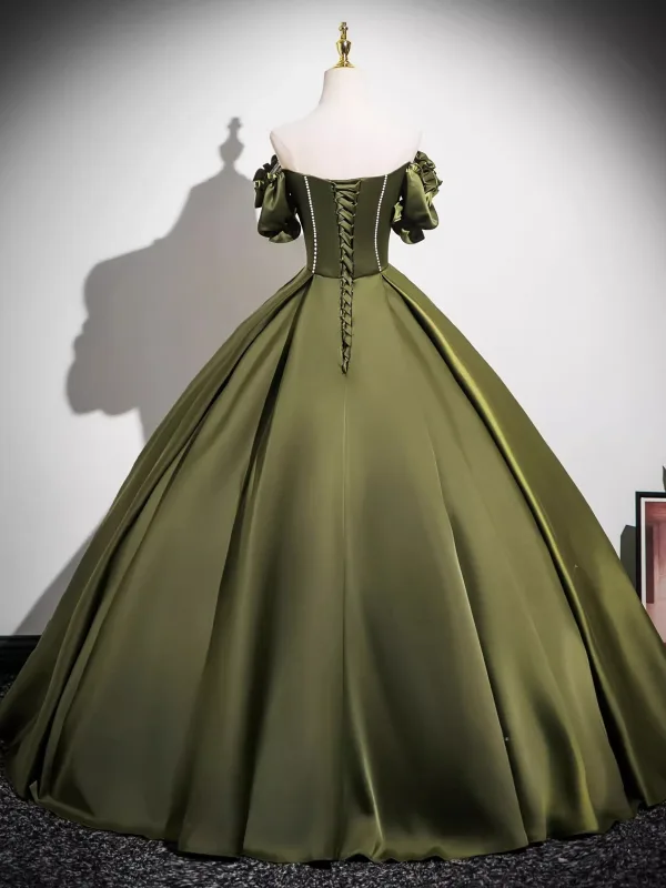 Vintage / Retro Dark Green Appliques Satin Prom Dresses 2025 Ball Gown Off-The-Shoulder Short Sleeve Backless Floor-Length / Long Formal Dresses