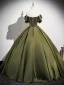 Vintage / Retro Dark Green Appliques Satin Prom Dresses 2025 Ball Gown Off-The-Shoulder Short Sleeve Backless Floor-Length / Long Formal Dresses