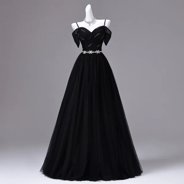 Vintage Negro Rhinestone Vestidos de gala 2026 Ball Gown Spaghetti Straps Manga Corta Sin Espalda Tul