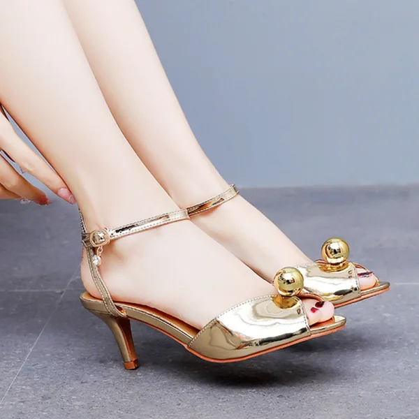 Sexy Gold Evening Party Womens Sandals 2024 Ankle Strap 6 cm Stiletto Heels Open / Peep Toe Sandals High Heels