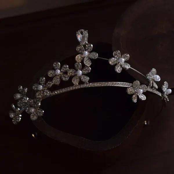 Modest / Simple Silver Pearl Rhinestone Alloy Earrings Tiara Wedding Bridal Hair Accessories 2025