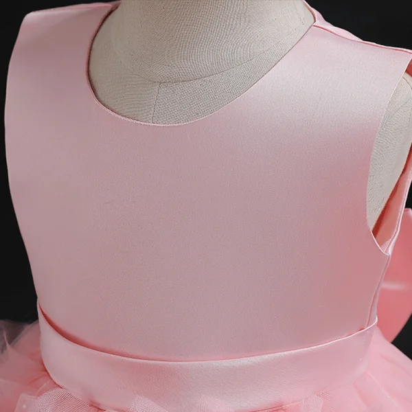 Charmant Rougissant Rose Anniversaire Volants en Cascade Robe Ceremonie Fille 2023 Robe Boule Encolure Dégagée Sans Manches Appliques Noeud Longue Robe Ceremonie Fille