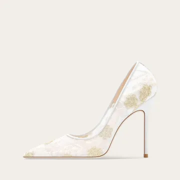 Eleganta Vita Broderade Spets Brudskor 2025 10 Cm Stilettklackar Spetsiga Bröllop Pumps Högklackade