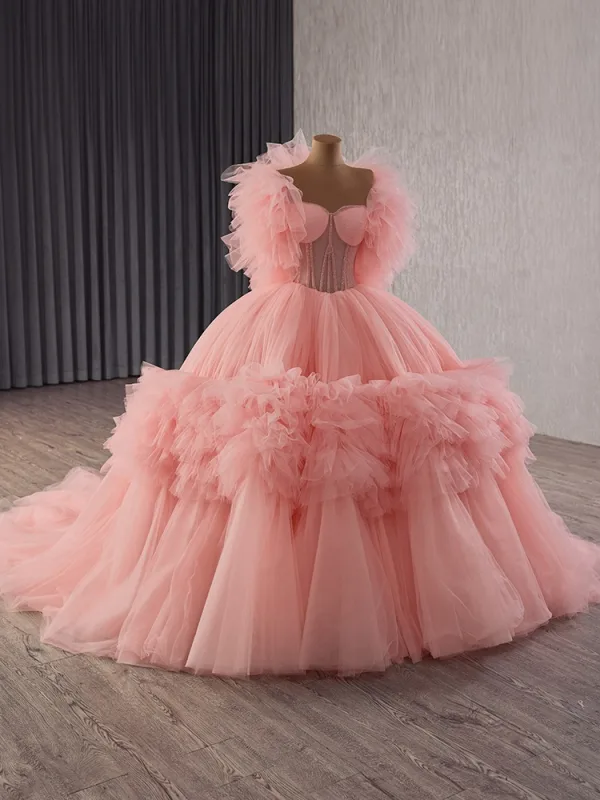 High End Pink Perlenstickerei Fallende Rüsche Brautkleider / Hochzeitskleider 2025 Ballkleid Bandeau Ärmellos Rückenfreies Kapelle-Schleppe Hochzeit