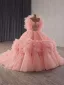 High End Pink Perlenstickerei Fallende Rüsche Brautkleider / Hochzeitskleider 2025 Ballkleid Bandeau Ärmellos Rückenfreies Kapelle-Schleppe Hochzeit
