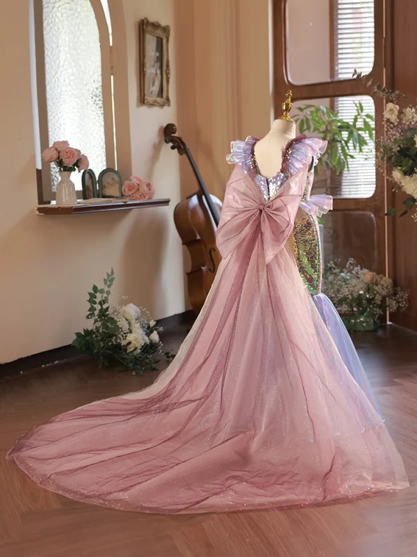 Unusual Blushing Pink Multi-Colors Sequins Birthday Flower Girl Dresses 2024 Trumpet / Mermaid Scoop Neck Sleeveless Backless Bow Detachable Sweep Train