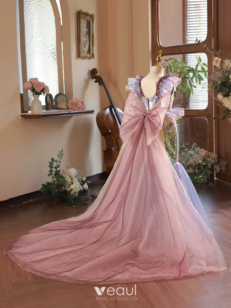 Unusual Blushing Pink Multi Colors Sequins Birthday Flower Girl Dresses 2024 Trumpet Mermaid Scoop Neck Sleeveless Backless Bow Detachable Sweep Train