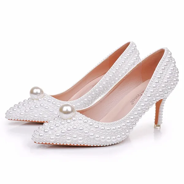 Classic White Pearl 7 cm Stiletto Heels Wedding Shoes 2025 Pointed Toe Wedding Pumps High Heels