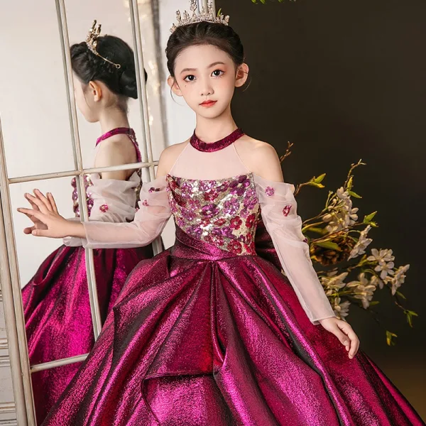 Chic / Beautiful Fuchsia Sequins Bow Birthday Flower Girl Dresses 2025 Ball Gown High Neck Sweep Train Long Sleeve