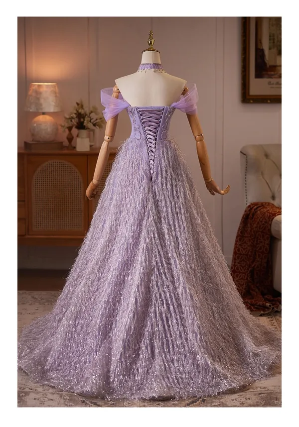 Zauberhaft Lavendel Perlenstickerei Strass Pailletten Quaste Ballkleider 2026 Ballkleid Off Shoulder Kurze Ärmel Rückenfreies Lange Festliche Kleider