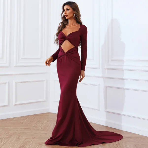 Sexy Burgundy Evening Dresses 2022 Trumpet / Mermaid V-Neck Long Sleeve Sweep Train Evening Party Formal Dresses