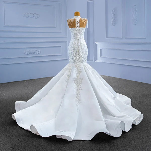 High-end White Trumpet / Mermaid Wedding Dresses 2022 High Neck Sleeveless Beading Rhinestone Tassel Pearl Lace Flower Chapel Train Wedding
