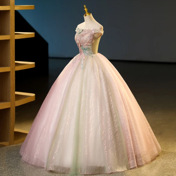 Élégant Rougissant Rose Perlage Paillettes En Dentelle Fleur Robe De Bal 2023 Robe Boule De l'épaule Sans Manches Dos Nu Longue Robe De Bal