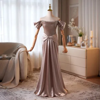 Charmant Champagne Rhinestone Avondjurken 2026 Trompet Zeemeermin Uit De Schouder Korte Mouwen Ruglooze Lange Gelegenheid Jurken