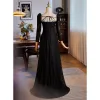 Elegant Black Winter Lace Prom Dresses 2024 A-Line / Princess Square Neckline Rhinestone Long Sleeve Backless Floor-Length / Long Prom Formal Dresses