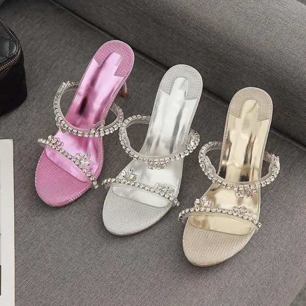 Sexy Silver Rhinestone Evening Party Womens Sandals 2022 9 cm Stiletto Heels Open / Peep Toe Sandals High Heels