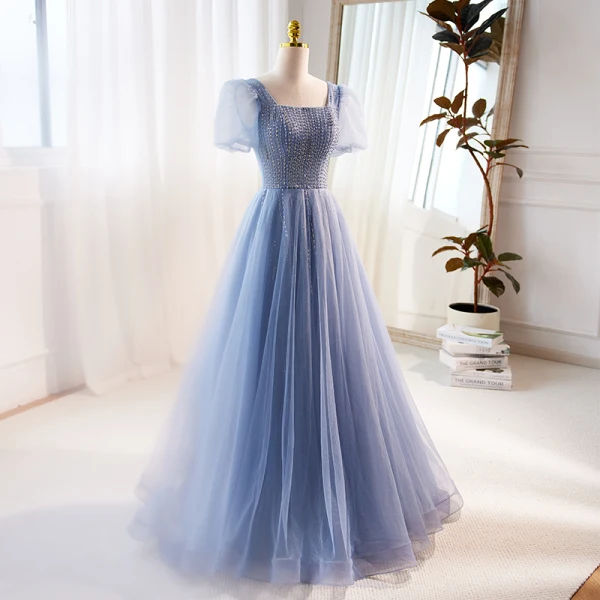 Simple Bleu Ciel Perlage Paillettes Robe De Bal 2023 Princesse Encolure Carrée Manches Courtes Dos Nu Longue Promo Robe De Ceremonie