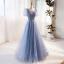 Simple Bleu Ciel Perlage Paillettes Robe De Bal 2023 Princesse Encolure Carrée Manches Courtes Dos Nu Longue Promo Robe De Ceremonie