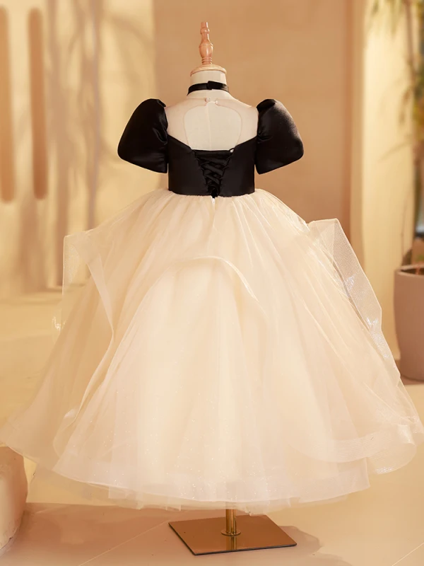 Elegant Black Rhinestone Birthday Flower Girl Dresses 2024 Ball Gown Scoop Neck Puffy Short Sleeve Backless Floor-Length / Long