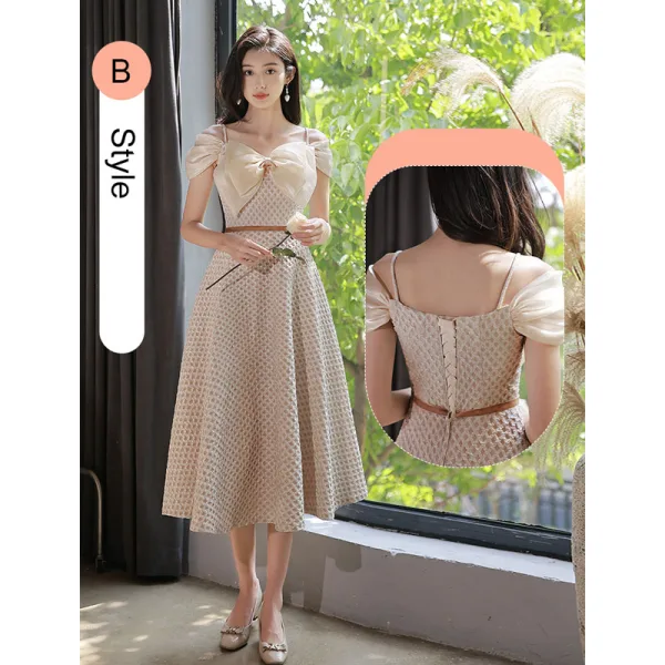 Modest / Simple Khaki Bridesmaid Dresses 2022 A-Line / Princess Short Sleeve Backless Sash Floor-Length / Long Bridesmaid Dresses