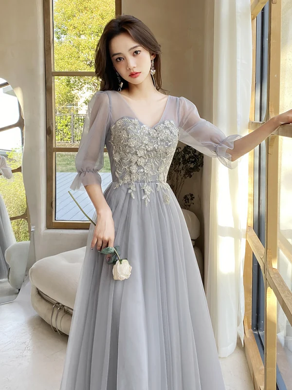 Modest Simple Grey Bridesmaid Dresses 2022 A-Line Princess Pearl Sequins Lace Flower Modest Simple Grey Bridesmaid Dresses 2022 A-Line Princess Pearl Sequins Lace Flower