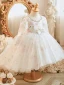 Chic / Beautiful White Rhinestone Printing Birthday Flower Girl Dresses 2023 A-Line / Princess Square Neckline Bow Long Sleeve Short
