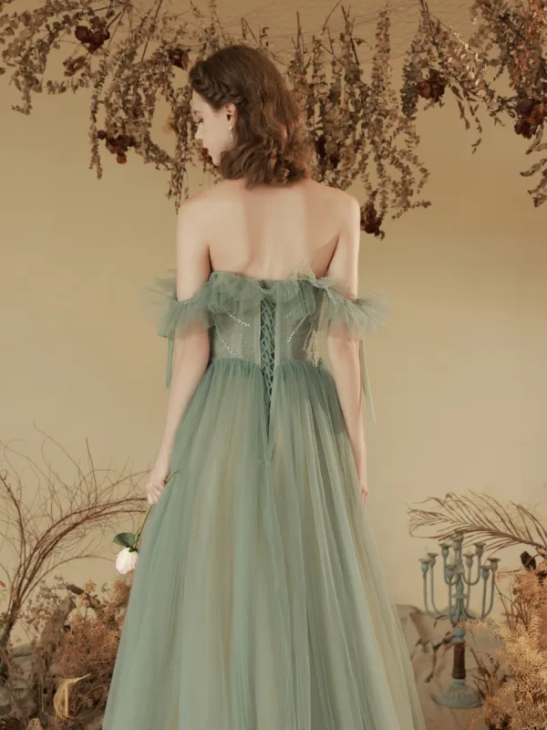 Charmant Vert Cendré Plissée Robe De Bal 2023 Princesse De l'épaule Manches Courtes Longue Promo Robe De Ceremonie