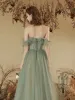 Charming Sage Green Pleated Prom Dresses 2023 A-Line / Princess Off-The-Shoulder Short Sleeve Floor-Length / Long Prom Formal Dresses