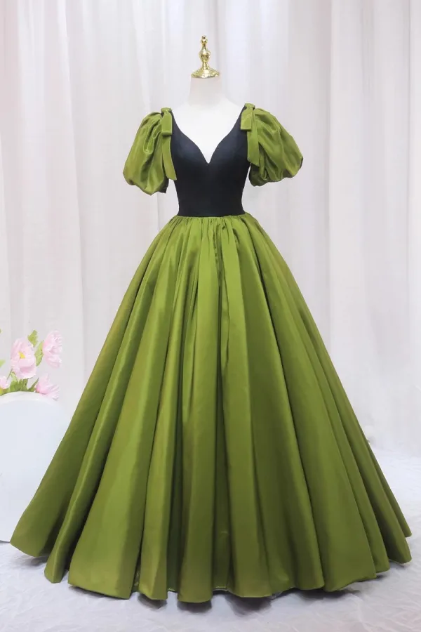Fashion Clover Green Prom Dresses 2024 Ball Gown V-Neck Puffy Short Sleeve Backless Floor-Length / Long Prom Formal Dresses