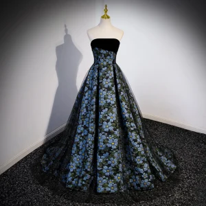 Flower Fairy Charming Printing Black Prom Dresses 2023 A Line Princess Strapless Sleeveless Backless Sweep Train Formal Dresses