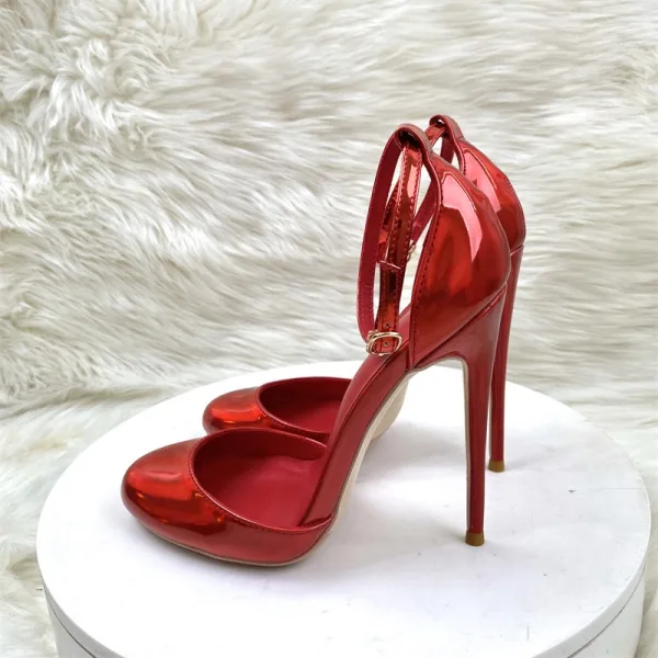 Sexy Burgundy Evening Party Patent Leather Womens Shoes 2024 Ankle Strap 12 cm Stiletto Heels Round Toe High Heels