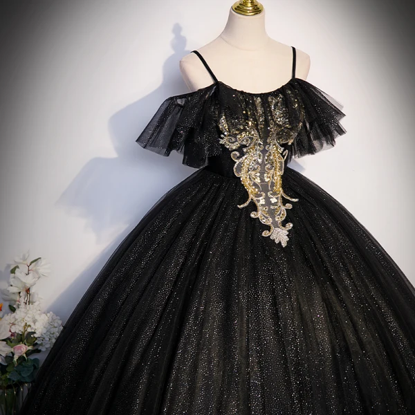 Bling Bling Noire Paillettes Robe De Bal 2023 Robe Boule Bretelles Spaghetti Manches Courtes Dos Nu Longue Promo Robe De Ceremonie
