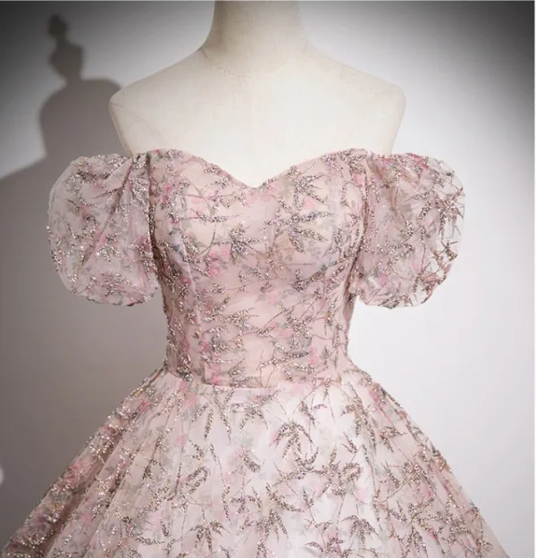 Bling Bling Rougissant Rose Paillettes Robe Boule Robe De Bal 2024 De l'épaule Manches Courtes Dos Nu Longue Promo Robe De Ceremonie