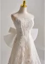 Vintage / Retro White Pearl Lace Flower Wedding Dresses 2025 A-Line / Princess Strapless Sleeveless Backless Bow Floor-Length / Long