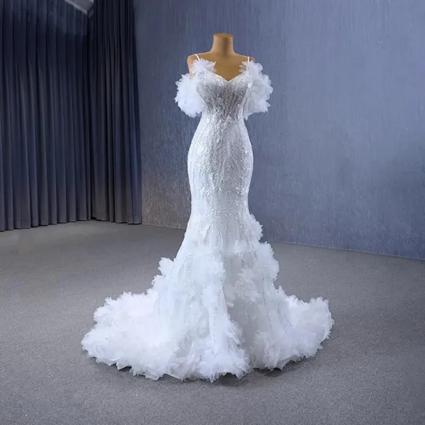 Haut de Gamme Sexy Blanche Volants en Cascade Paillettes En Dentelle Fleur Robe De Mariée 2023 Trompette / Sirène Bretelles Spaghetti Manches Courtes Dos Nu Mariage