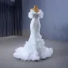 High-end Sexy White Cascading Ruffles Sequins Lace Flower Wedding Dresses 2023 Trumpet / Mermaid Spaghetti Straps Short Sleeve Backless Wedding