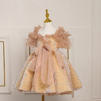 Scintillantes Doré Perlage Paillettes Noeud Courte Anniversaire Robe Ceremonie Fille 2023 Robe Boule Encolure Carrée Manches Courtes Dos Nu