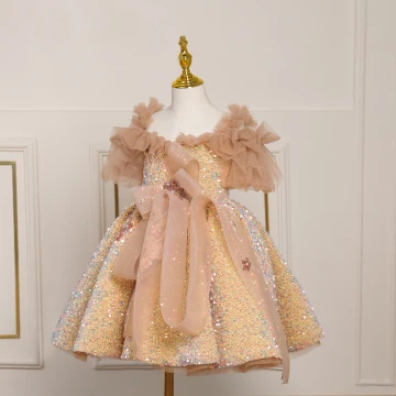 Sparkly Gold Beading Sequins Bow Short Birthday Flower Girl Dresses 2023 Ball Gown Square Neckline Short Sleeve Backless