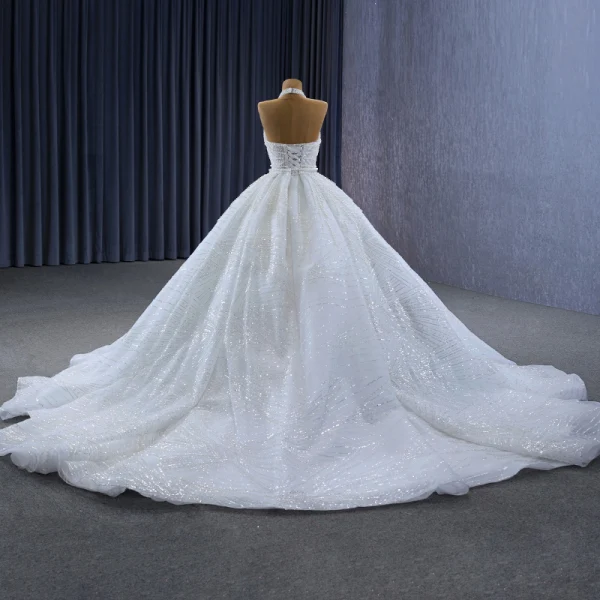 Luxury / Gorgeous White Handmade  Beading Pearl Sequins Wedding Dresses 2023 Ball Gown Halter Sleeveless Backless Floor-Length / Long Wedding