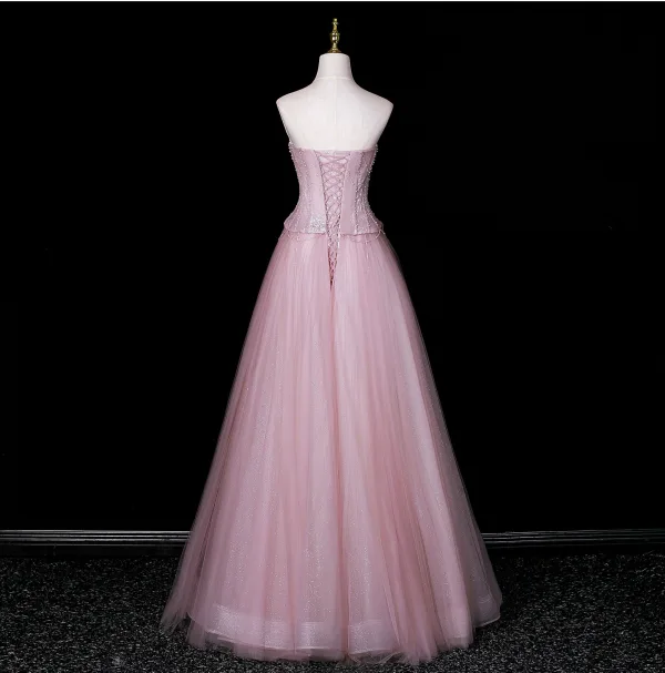 Lovely Blushing Pink Pearl Sequins Prom Dresses 2026 A-Line / Princess Strapless Sleeveless Backless Floor-Length / Long Formal Dresses