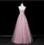 Lovely Blushing Pink Pearl Sequins Prom Dresses 2026 A-Line / Princess Strapless Sleeveless Backless Floor-Length / Long Formal Dresses