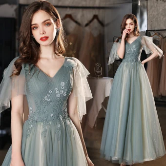 Chic Belle Vert Perlage Paillettes Robe De Bal 2022 Princesse V Cou Manches Courtes Dos Nu Longue Robe De Ceremonie