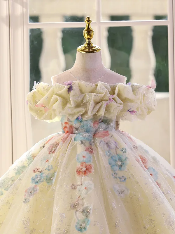 Chic / Belle Champagne Perlage Perle Appliques Paillettes Anniversaire Robe Ceremonie Fille 2025 Robe Boule Encolure Dégagée Gonflée Manches Courtes Dos Nu Longue