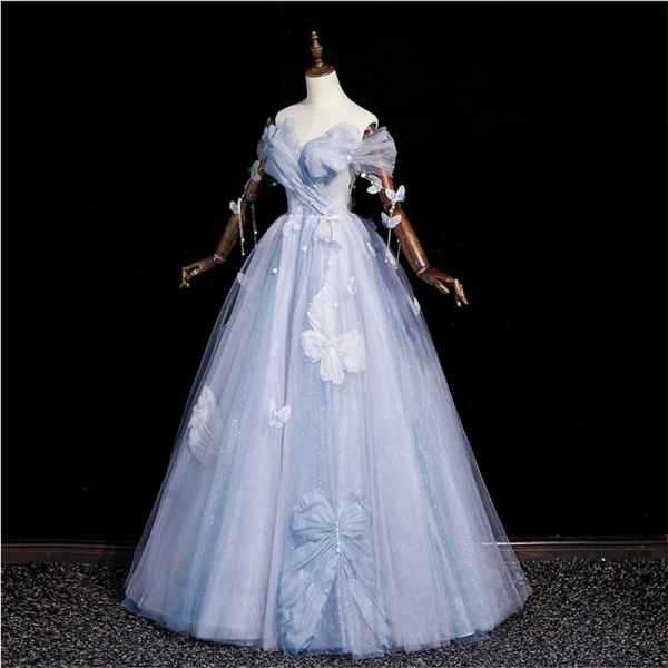 Elegant Sky Blue Butterfly Appliques Pearl Sequins Prom Dresses 2023 A-Line / Princess Off-The-Shoulder Sleeveless Backless Floor-Length / Long Prom Formal Dresses