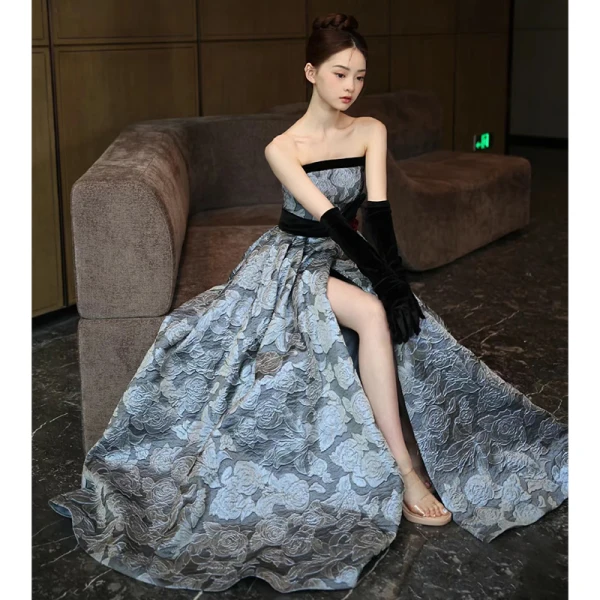 Audrey Hepburn Style Ocean Blue Printing Split Front Prom Dresses 2024 A-Line / Princess Strapless Sleeveless Backless Bow Sash Floor-Length / Long Prom Formal Dresses