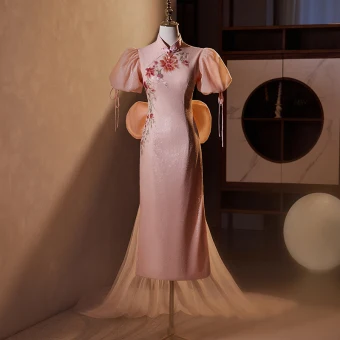 Chinese Style Blushing Pink Sequins Cheongsam Evening Dresses 2024 Trumpet Mermaid High Neck Puffy Short Sleeve Bow Tea Length Evening Party Formal Dresses
